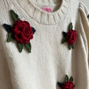 Kate Spade Crochet Roses Sweater, Cream with Red Rose Motif, NWT, Size S